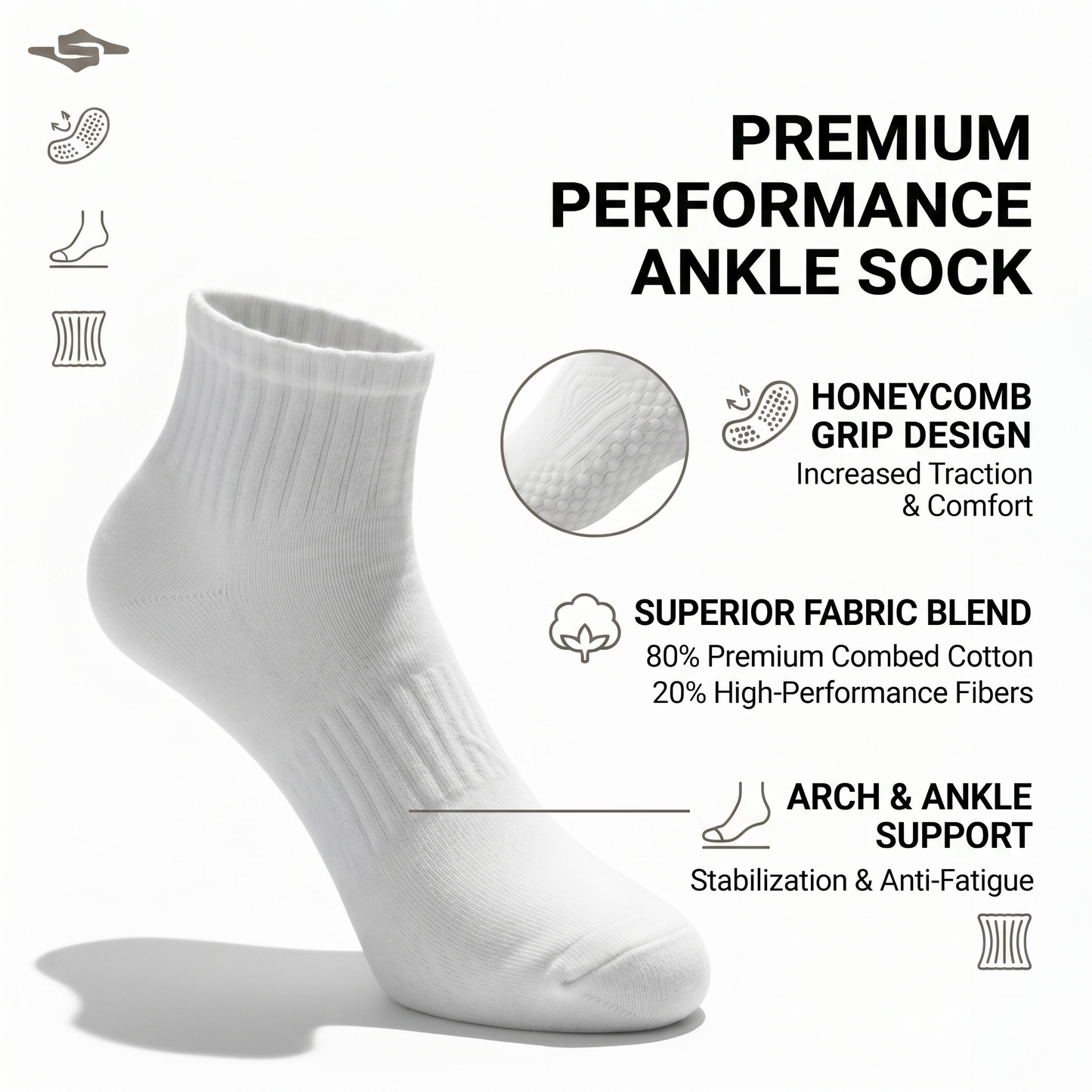 Socks Short Crew | Premium Unisex 80% Cotton White & Black | One Size Fits All