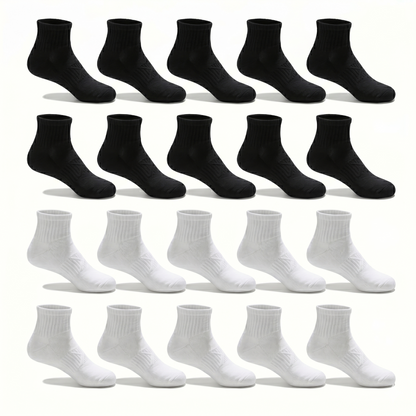 Socks Short Crew | Multi-Pack | Black & White | 20 Pack | Premium 80% Cotton