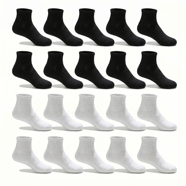 Socks Short Crew | Multi-Pack | Black & White | 20 Pack | Premium 80% Cotton | UK 4 - 10.5
