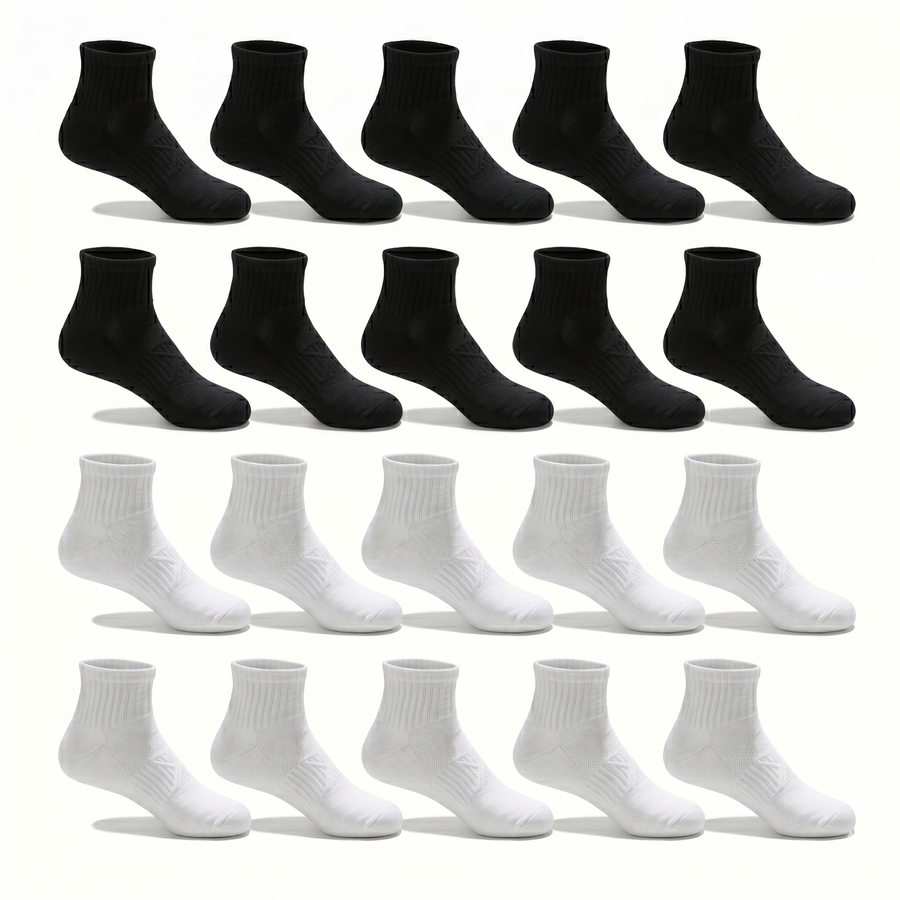 Socks Short Crew | Multi-Pack | Black & White | 20 Pack | Premium 80% Cotton | UK 4 - 10.5