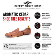 Cherry Picked Kicks infographic detailing benefits of aromatic cedar shoe trees including crease prevention and moisture absorption