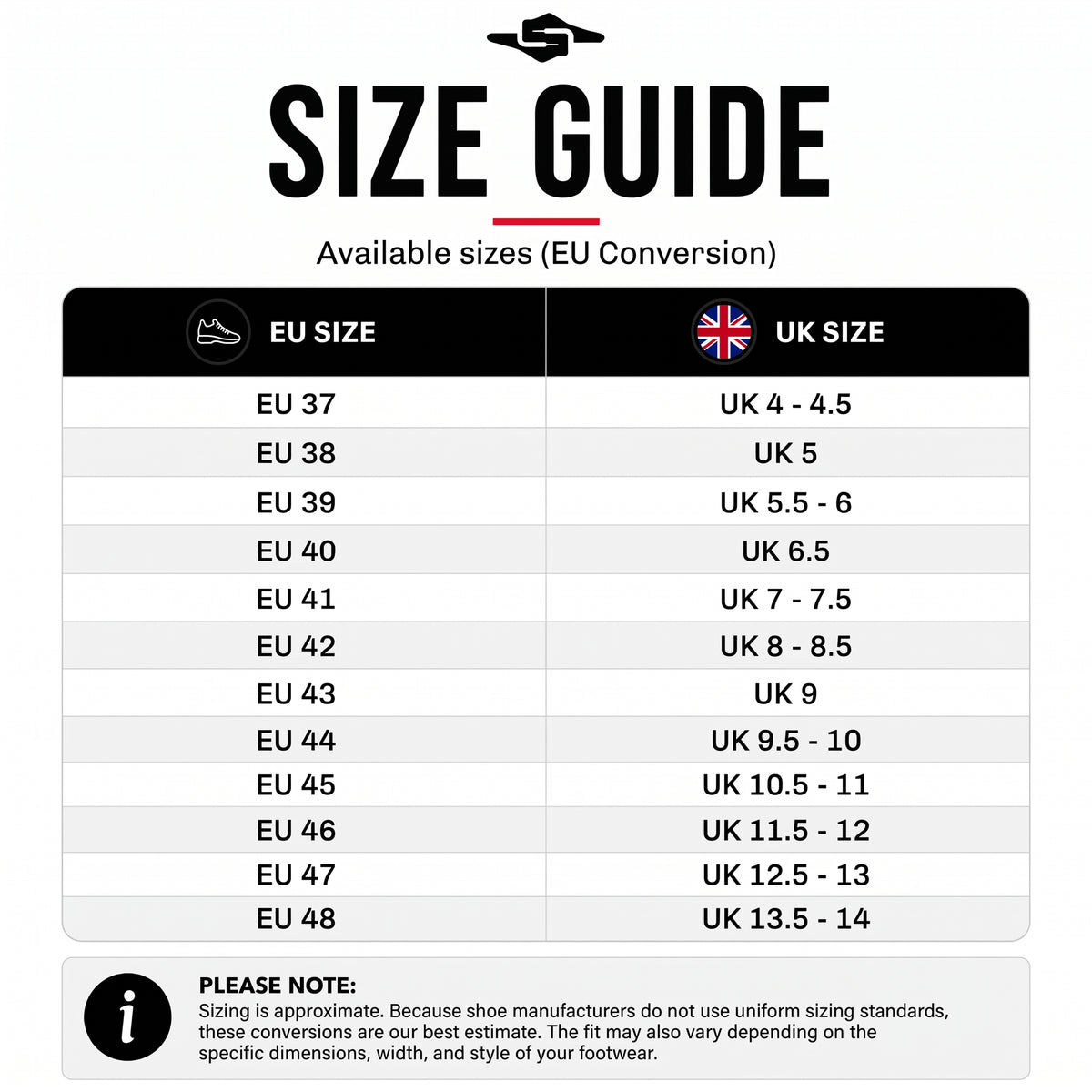 Shoe tree size conversion guide comparing EU sizes 37 to 48 with UK sizes 4 to 14