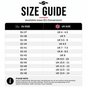 Shoe tree size conversion guide comparing EU sizes 37 to 48 with UK sizes 4 to 14