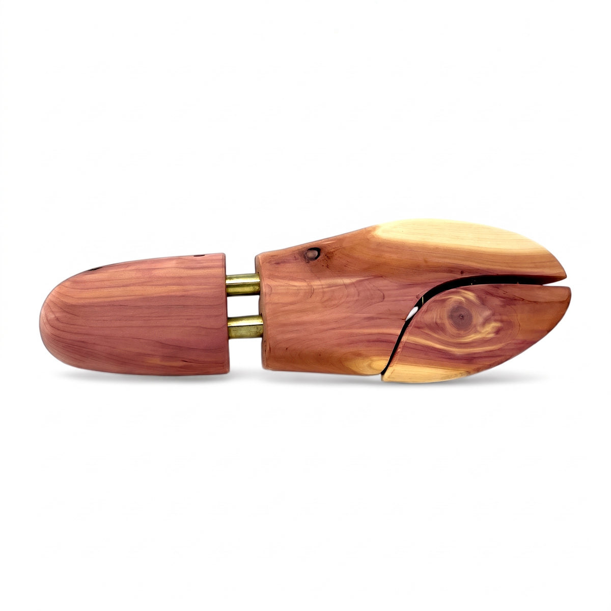 Underside base view of cedar shoe tree displaying internal expansion hardware and wood grain